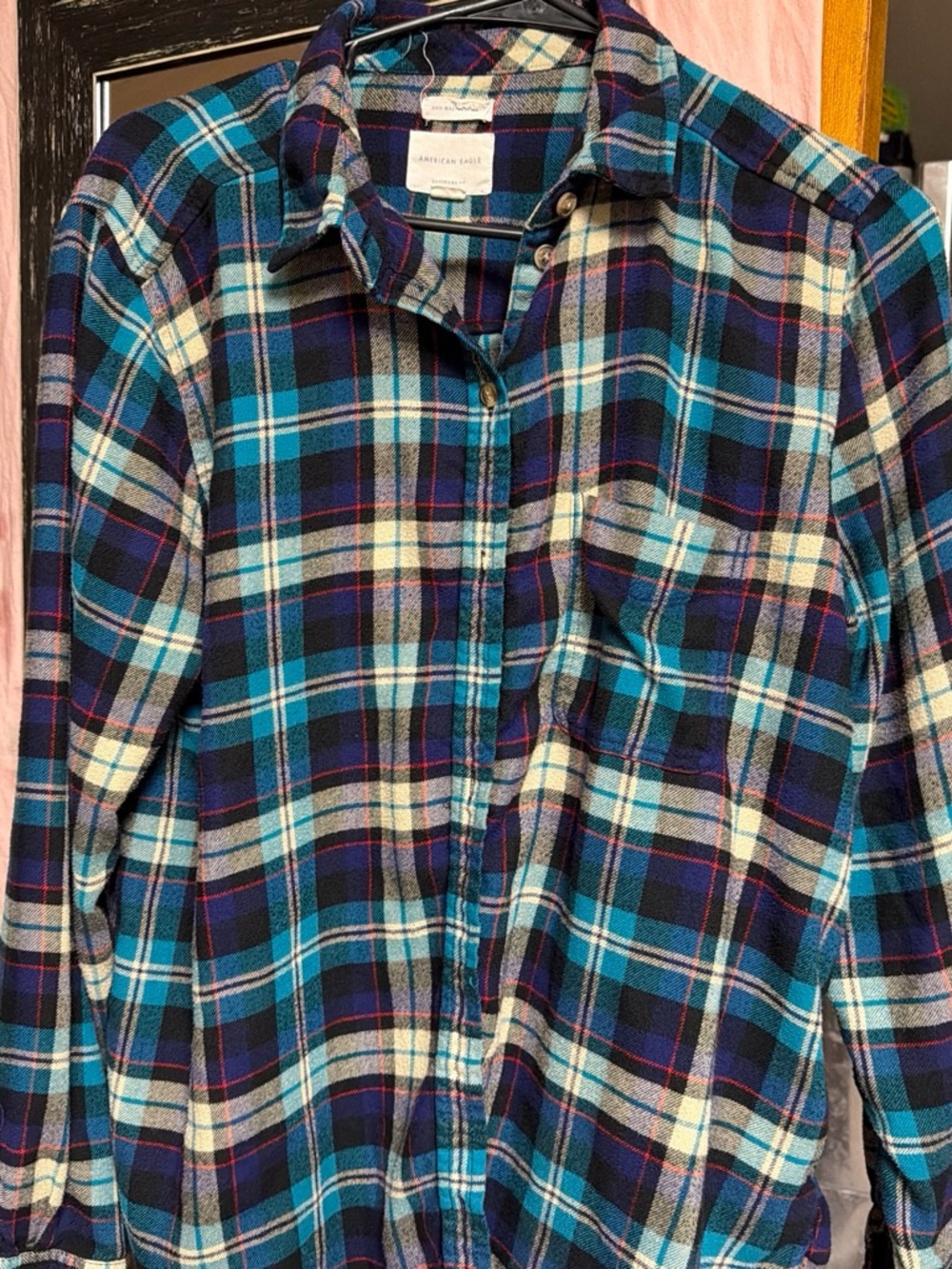 American Eagle Outfitters Teal and Navy Plaid Button-Down Shirt